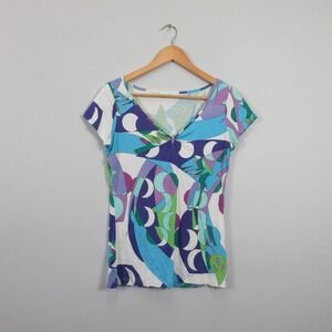 Emilio Pucci Firenze Top Shirt Women M * Blue Abstract V Neck Y2K Designer 142